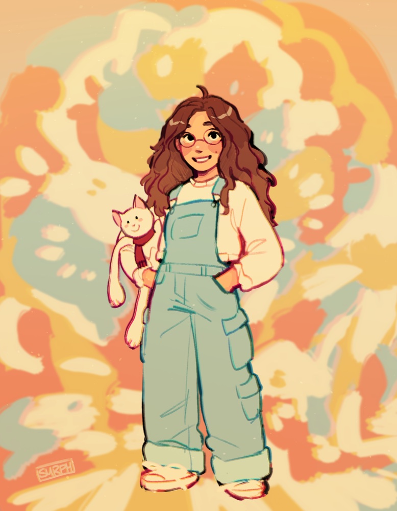 Jessica, the artist, in overalls holding a cat plush