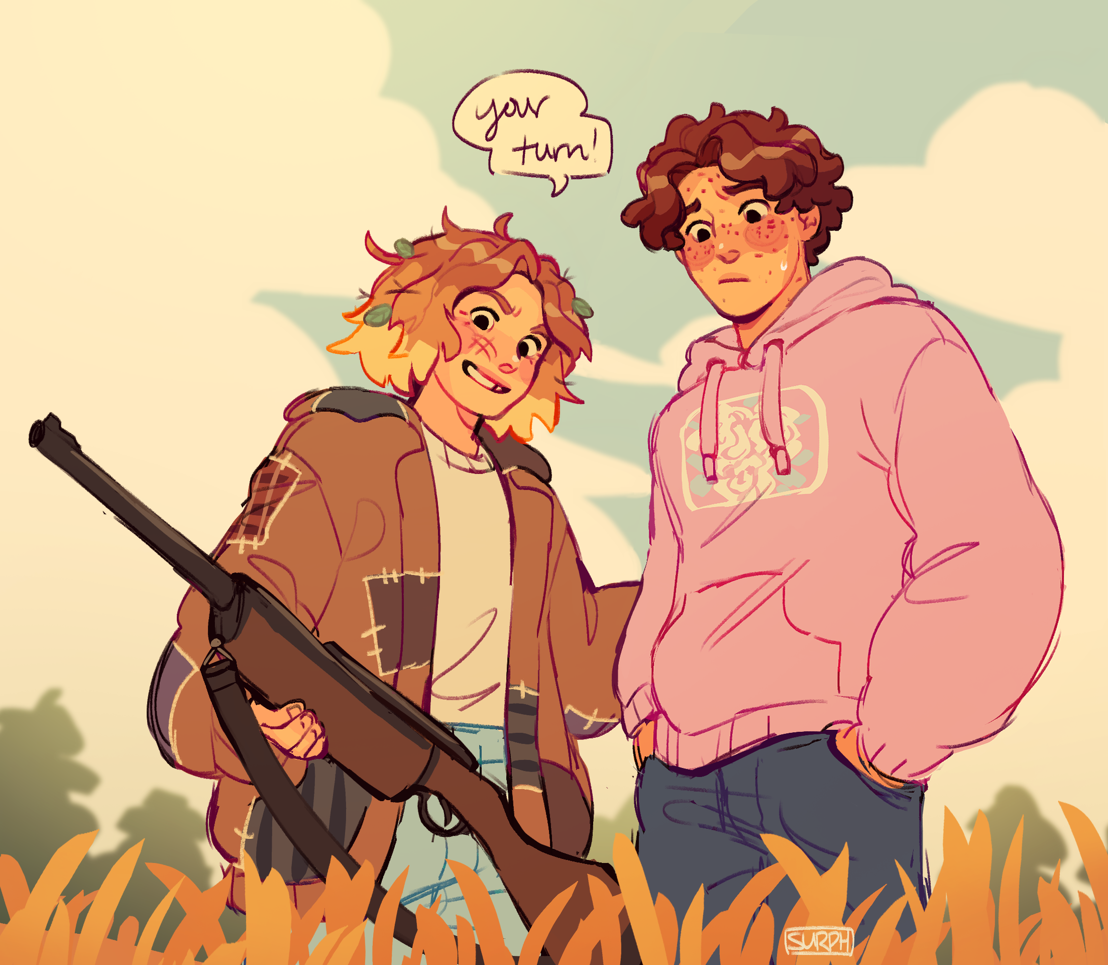 Raegen and Jamie standing in a field, Raegen holding a rifle and grinning, Jamie looking nervous