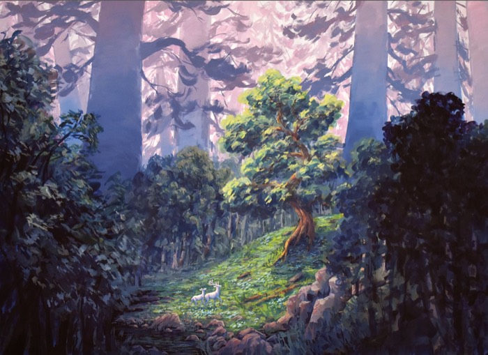 Two white deer in a misty forest beneath a glowing tree