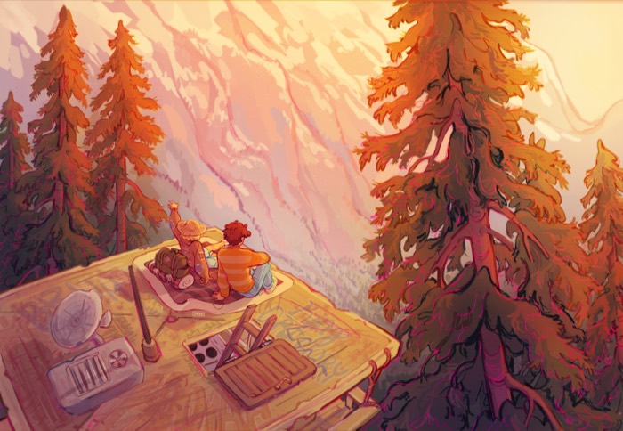 Two friends on the fire lookout roof watching the sunset