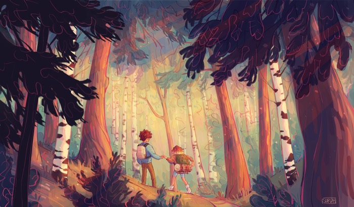 Raegen and Jamie running through the woods