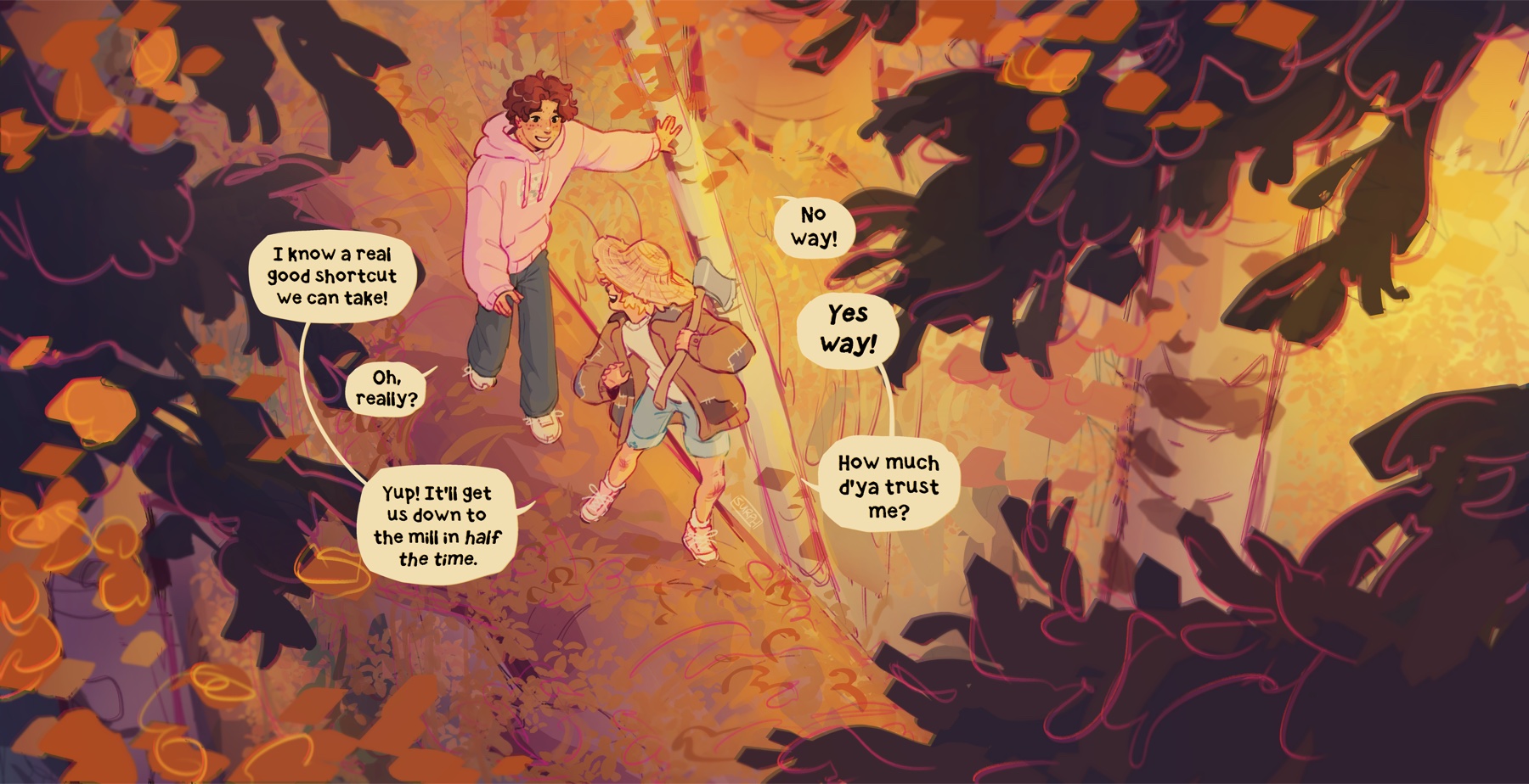 The finished comic panel — Raegen and Jamie heading down through the autumn forest